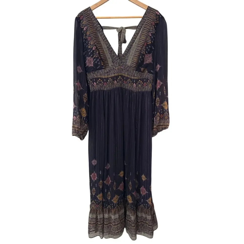 Free People Wishing Well Metallic Lurex Boho Printed Midi Dress Purple Sz Large - Picture 9 of 10